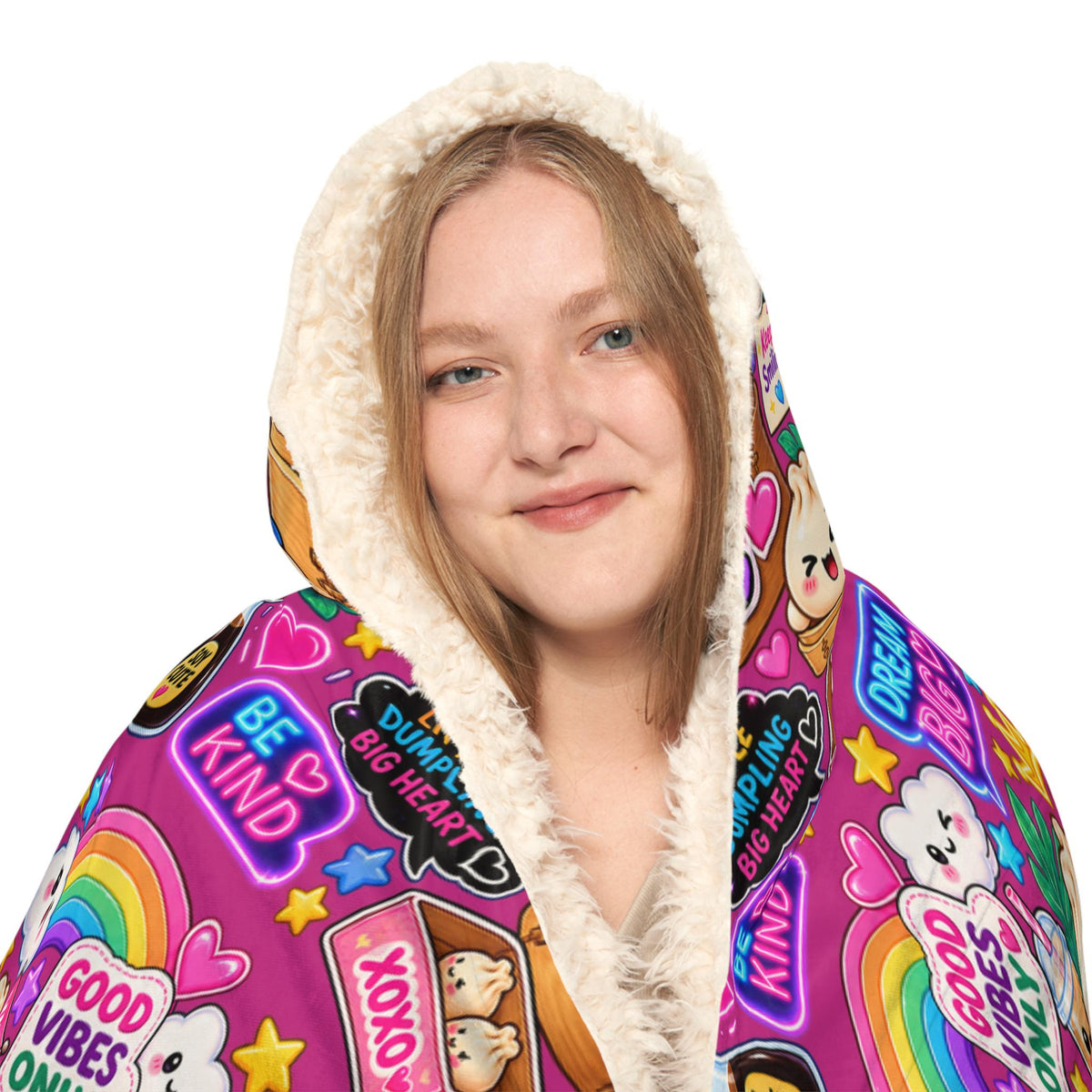 Kawaii Dumpling Print Hooded Blanket: Cozy Polyester Sherpa Lined Wearable Blanket