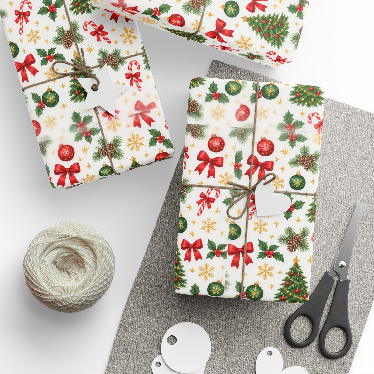 Christmas Wrapping Paper Roll — Festive Trees, Candy Canes & Pinecone Pattern
