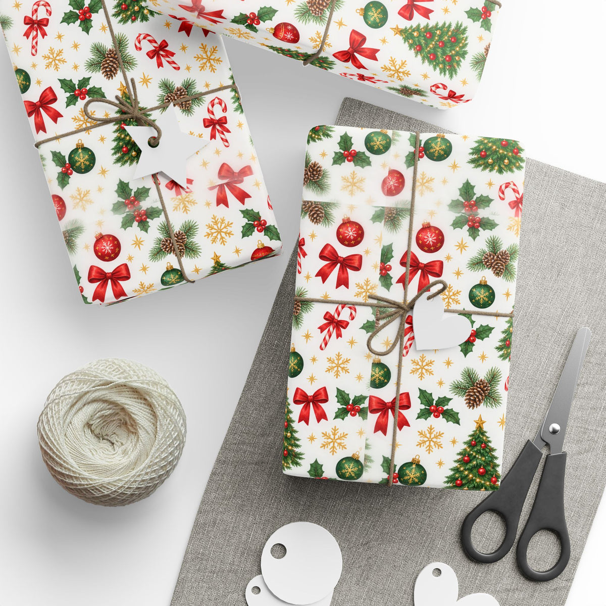 Christmas Wrapping Paper Roll — Festive Trees, Candy Canes & Pinecone Pattern