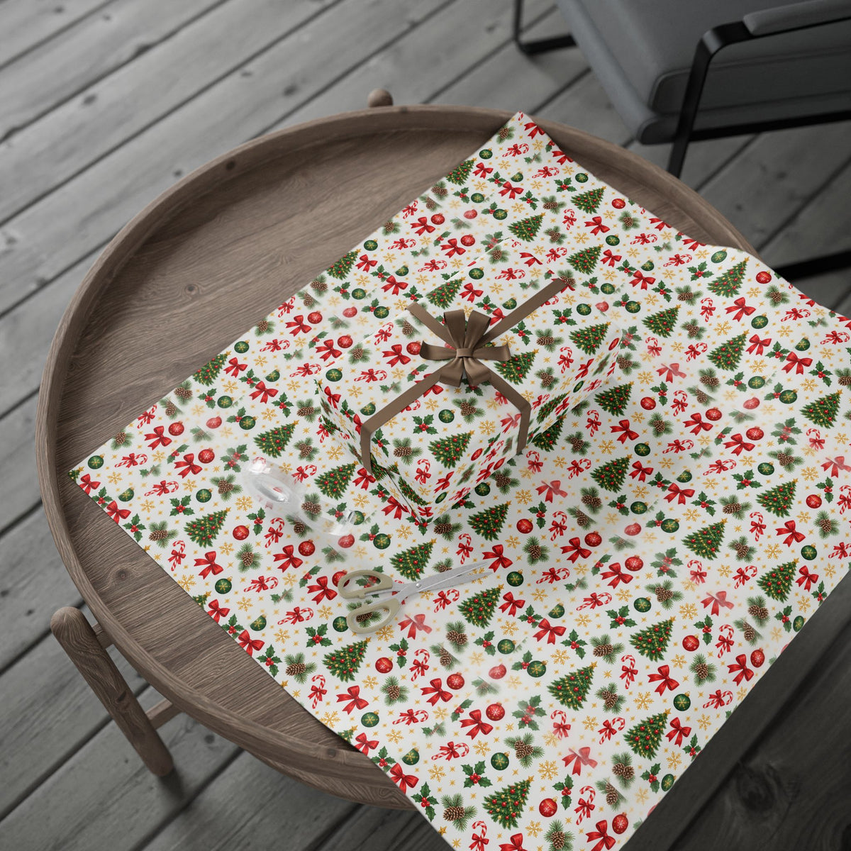 Christmas Wrapping Paper Roll — Festive Trees, Candy Canes & Pinecone Pattern