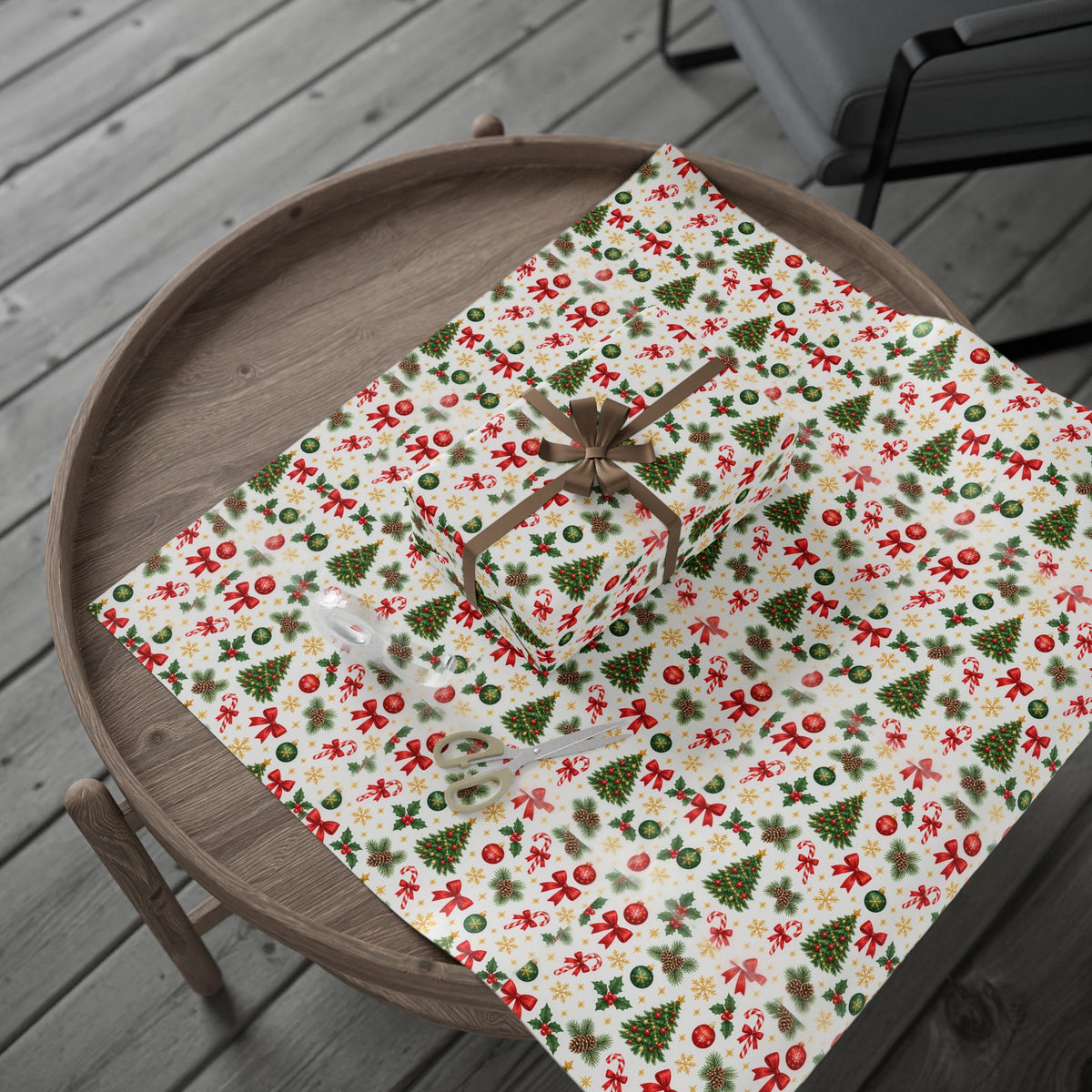 Christmas Wrapping Paper Roll — Festive Trees, Candy Canes & Pinecone Pattern