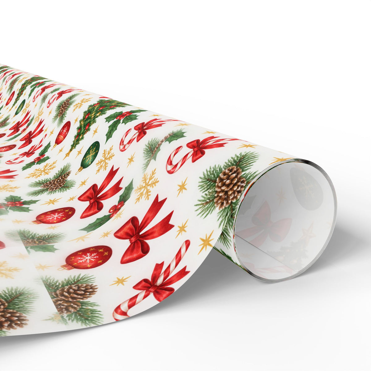 Christmas Wrapping Paper Roll — Festive Trees, Candy Canes & Pinecone Pattern
