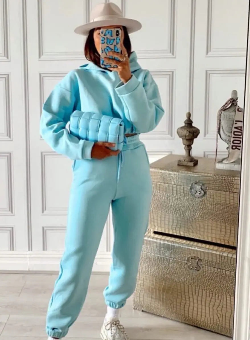Women Two Piece Pant Sets Coat Hooded Pockets Thick Sweatshirts Suits Splice Elastic Waist Solid Long Pants Straight Casual
