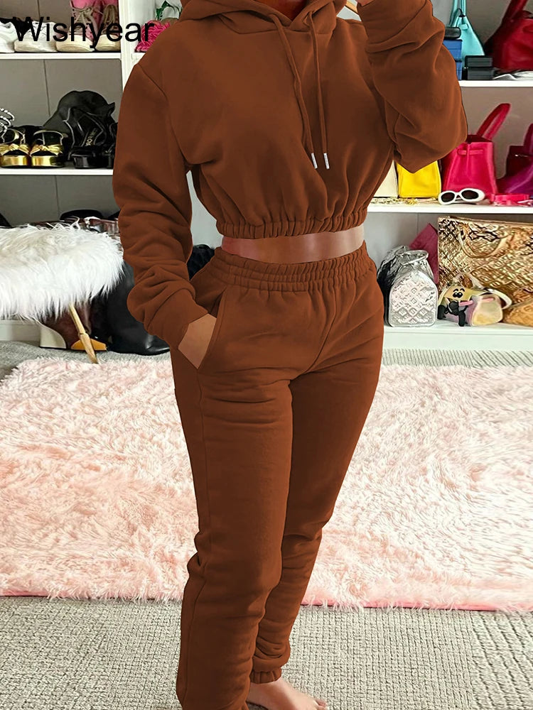 Casual Sports Wear Two Piece Set for Women Velvet Sweatshirt Hoodie Crop Top and Leggings Pants Suit Female WarmWinter Outfits
