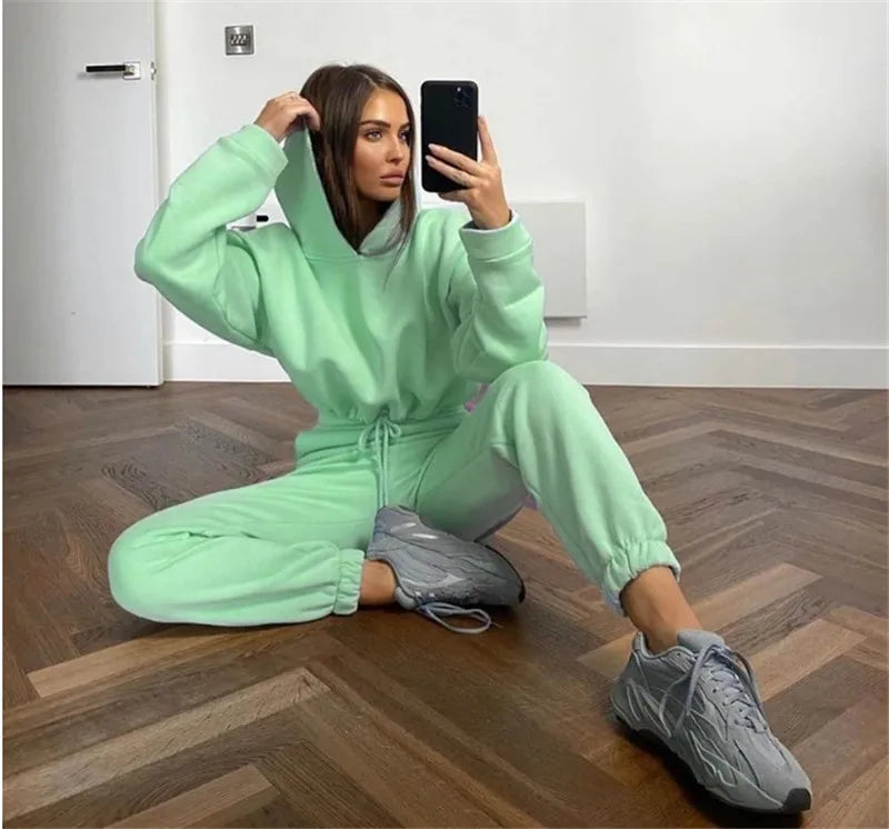 Women Two Piece Pant Sets Coat Hooded Pockets Thick Sweatshirts Suits Splice Elastic Waist Solid Long Pants Straight Casual