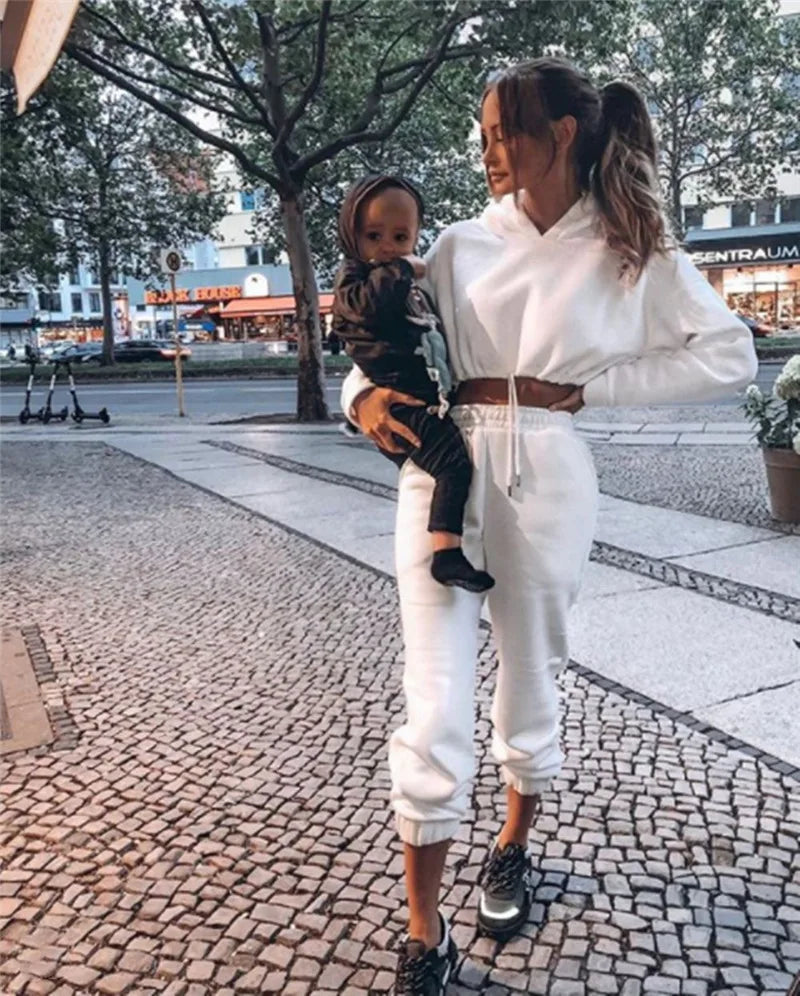 Women Two Piece Pant Sets Coat Hooded Pockets Thick Sweatshirts Suits Splice Elastic Waist Solid Long Pants Straight Casual