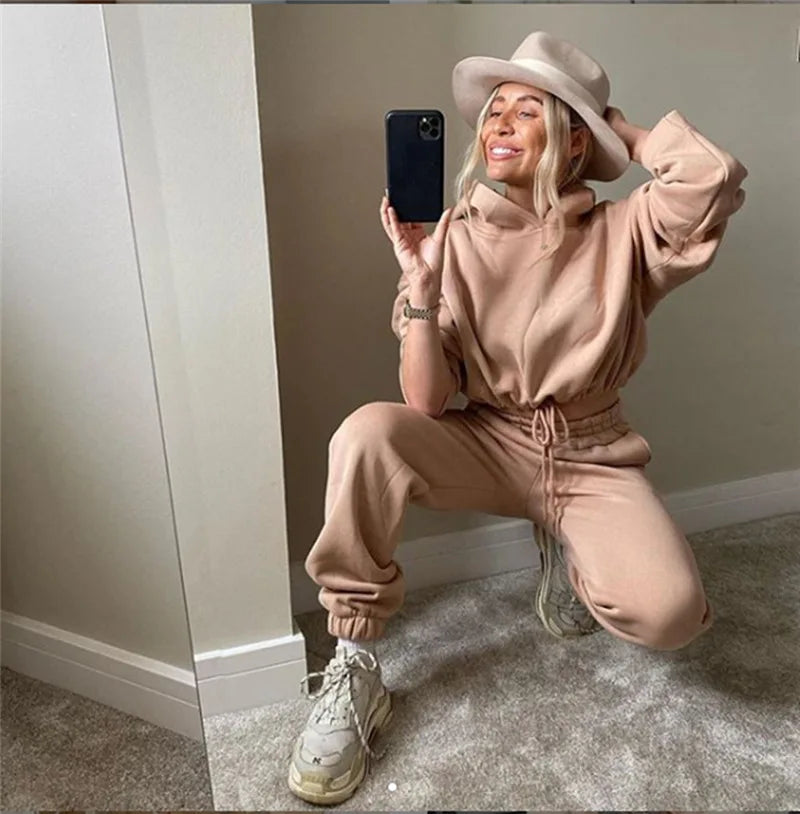 Women Two Piece Pant Sets Coat Hooded Pockets Thick Sweatshirts Suits Splice Elastic Waist Solid Long Pants Straight Casual