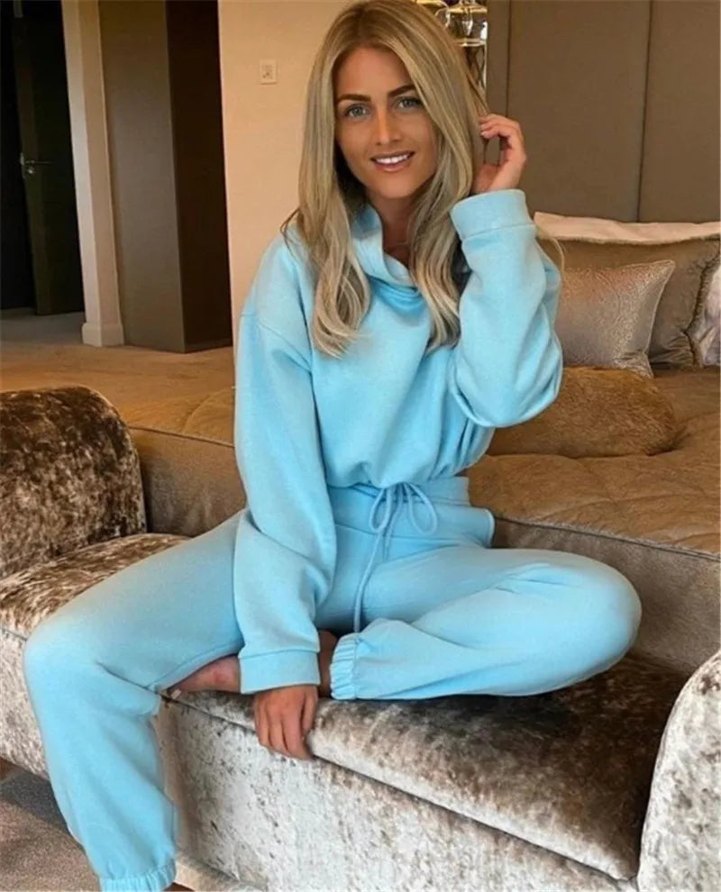 Women Two Piece Pant Sets Coat Hooded Pockets Thick Sweatshirts Suits Splice Elastic Waist Solid Long Pants Straight Casual