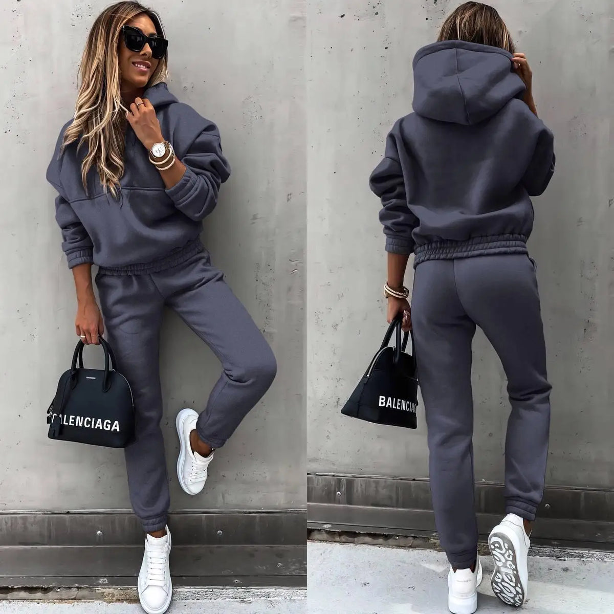 Autumn Winter New Solid Color Long Sleeve Hoodie Women's Casual Suit Fashion Loose Sports Hoodie + Small Foot Pants 2 Piece Set