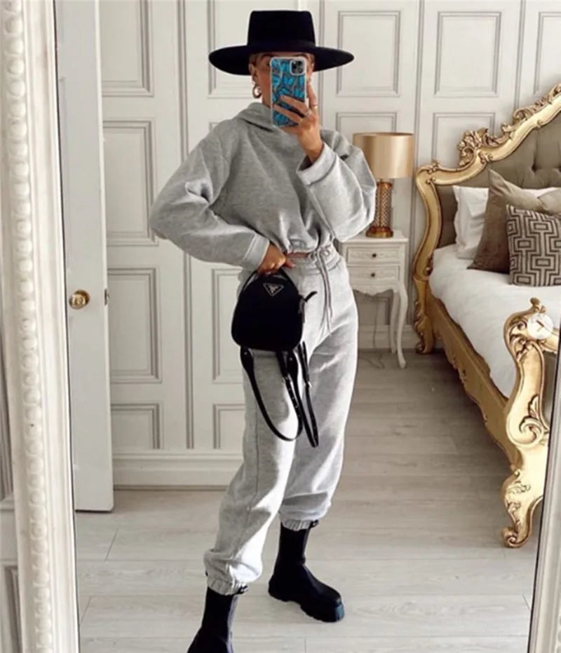 Women Two Piece Pant Sets Coat Hooded Pockets Thick Sweatshirts Suits Splice Elastic Waist Solid Long Pants Straight Casual