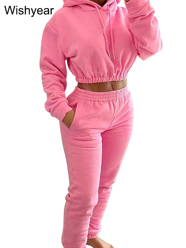 Casual Sports Wear Two Piece Set for Women Velvet Sweatshirt Hoodie Crop Top and Leggings Pants Suit Female WarmWinter Outfits
