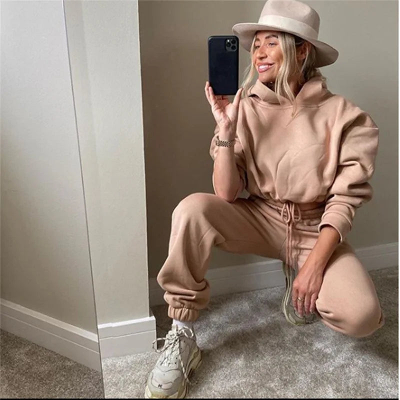 Women Two Piece Pant Sets Coat Hooded Pockets Thick Sweatshirts Suits Splice Elastic Waist Solid Long Pants Straight Casual