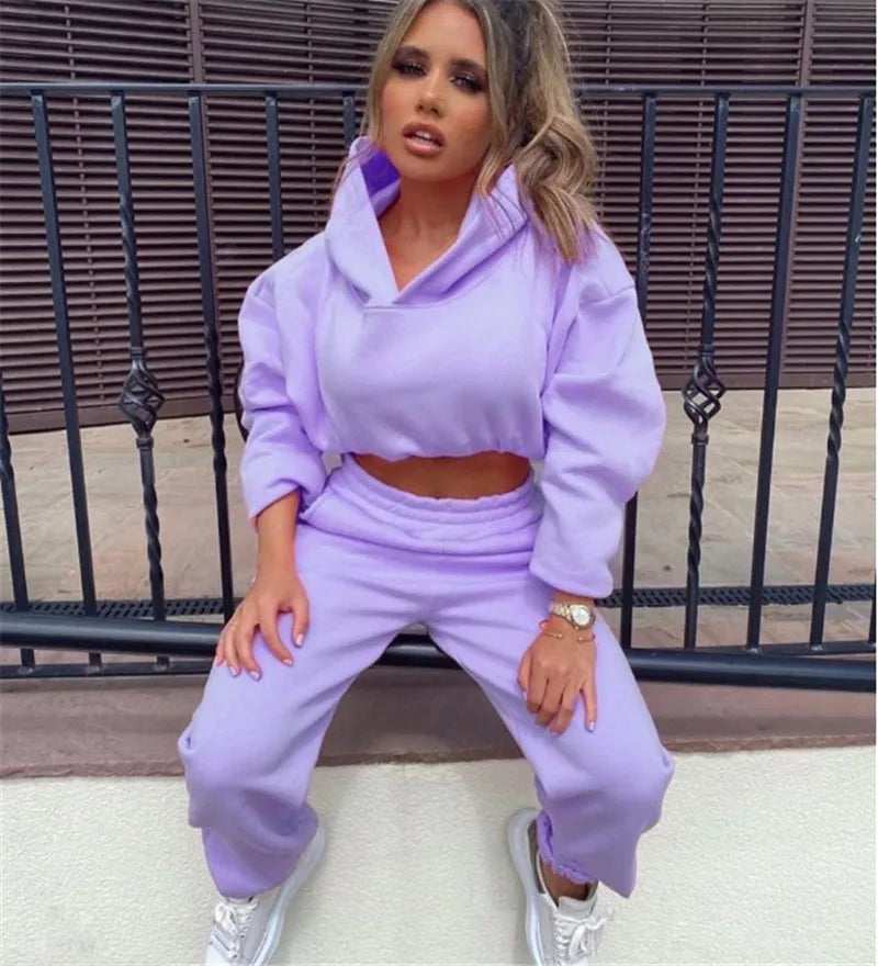 Women Two Piece Pant Sets Coat Hooded Pockets Thick Sweatshirts Suits Splice Elastic Waist Solid Long Pants Straight Casual