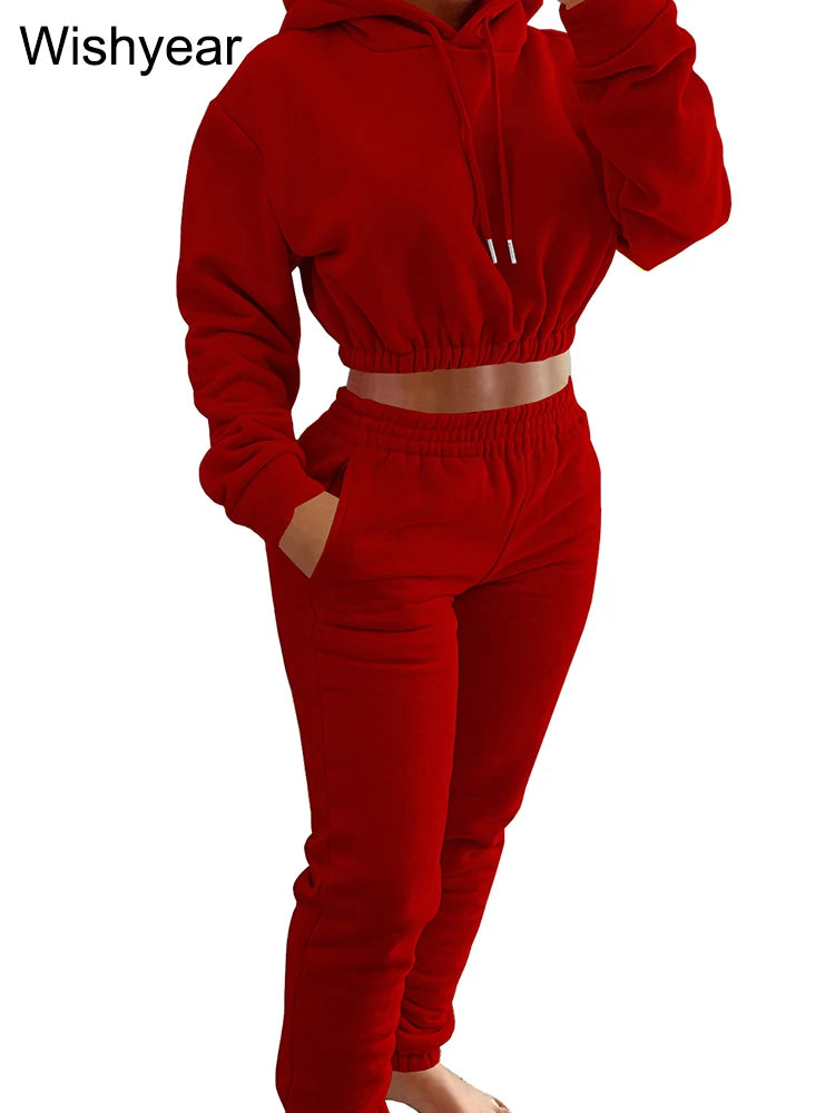 Casual Sports Wear Two Piece Set for Women Velvet Sweatshirt Hoodie Crop Top and Leggings Pants Suit Female WarmWinter Outfits