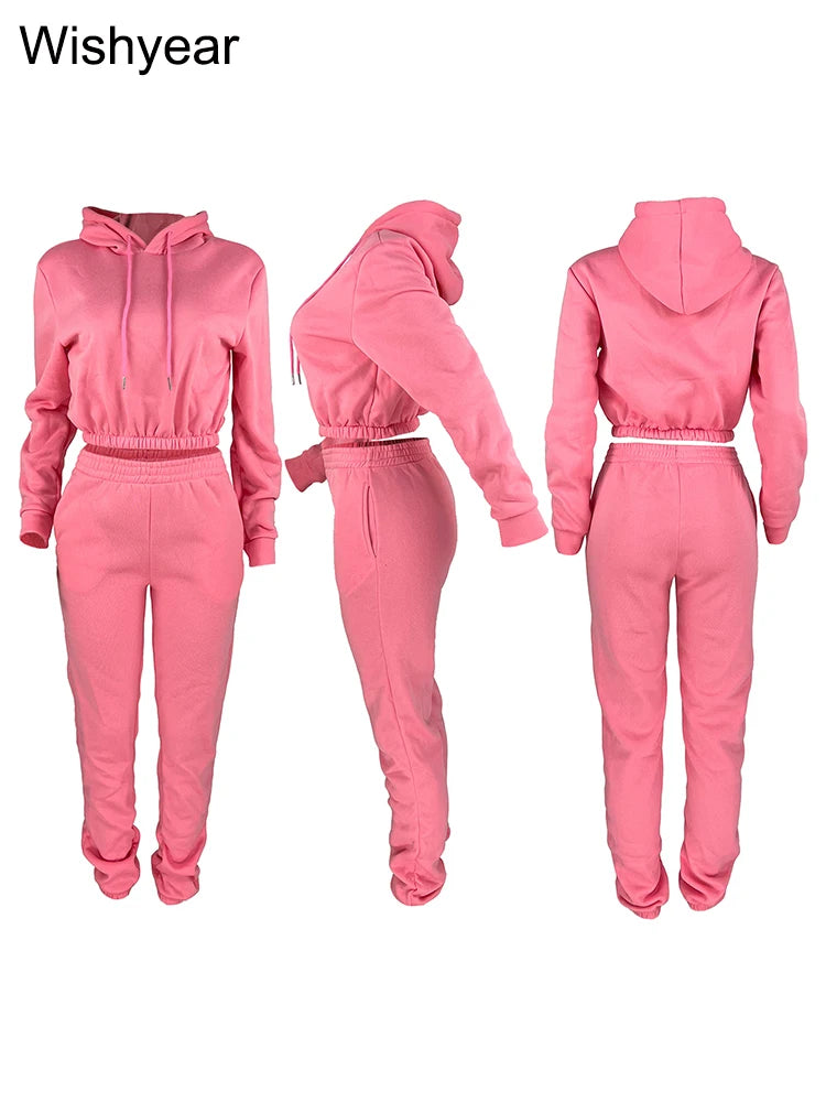 Casual Sports Wear Two Piece Set for Women Velvet Sweatshirt Hoodie Crop Top and Leggings Pants Suit Female WarmWinter Outfits