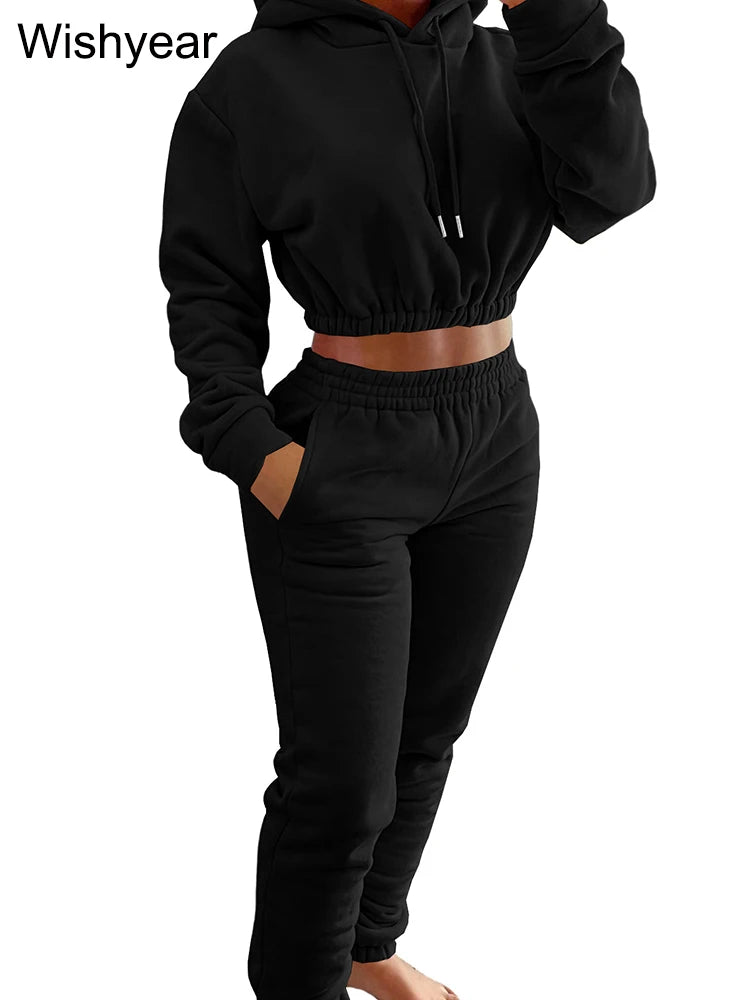 Casual Sports Wear Two Piece Set for Women Velvet Sweatshirt Hoodie Crop Top and Leggings Pants Suit Female WarmWinter Outfits