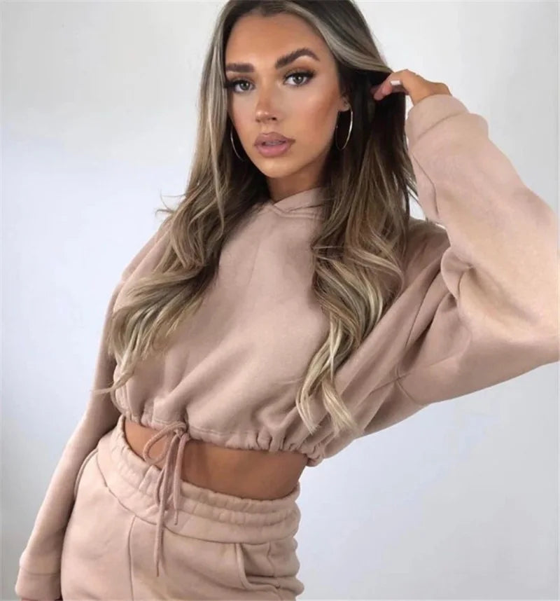 Women Two Piece Pant Sets Coat Hooded Pockets Thick Sweatshirts Suits Splice Elastic Waist Solid Long Pants Straight Casual