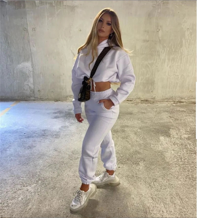 Women Two Piece Pant Sets Coat Hooded Pockets Thick Sweatshirts Suits Splice Elastic Waist Solid Long Pants Straight Casual