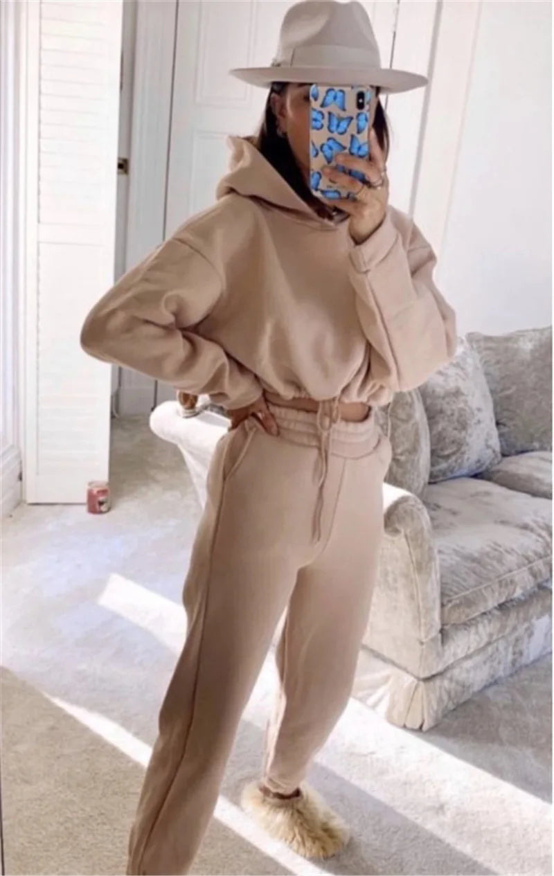 Women Two Piece Pant Sets Coat Hooded Pockets Thick Sweatshirts Suits Splice Elastic Waist Solid Long Pants Straight Casual