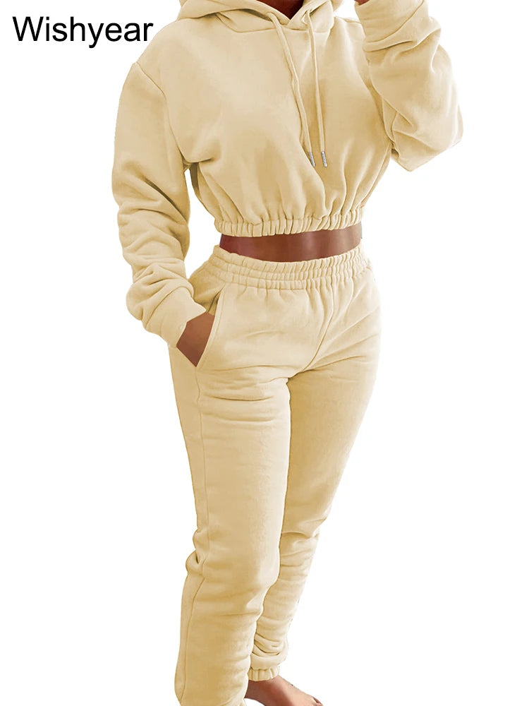 Casual Sports Wear Two Piece Set for Women Velvet Sweatshirt Hoodie Crop Top and Leggings Pants Suit Female WarmWinter Outfits