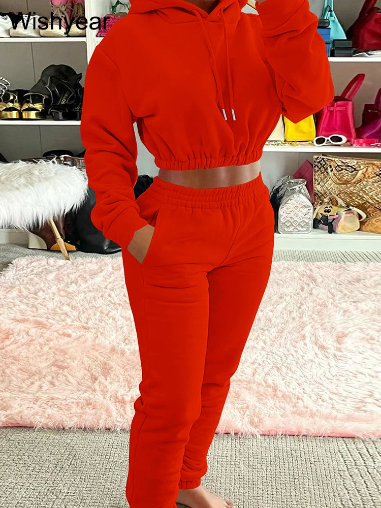 Casual Sports Wear Two Piece Set for Women Velvet Sweatshirt Hoodie Crop Top and Leggings Pants Suit Female WarmWinter Outfits