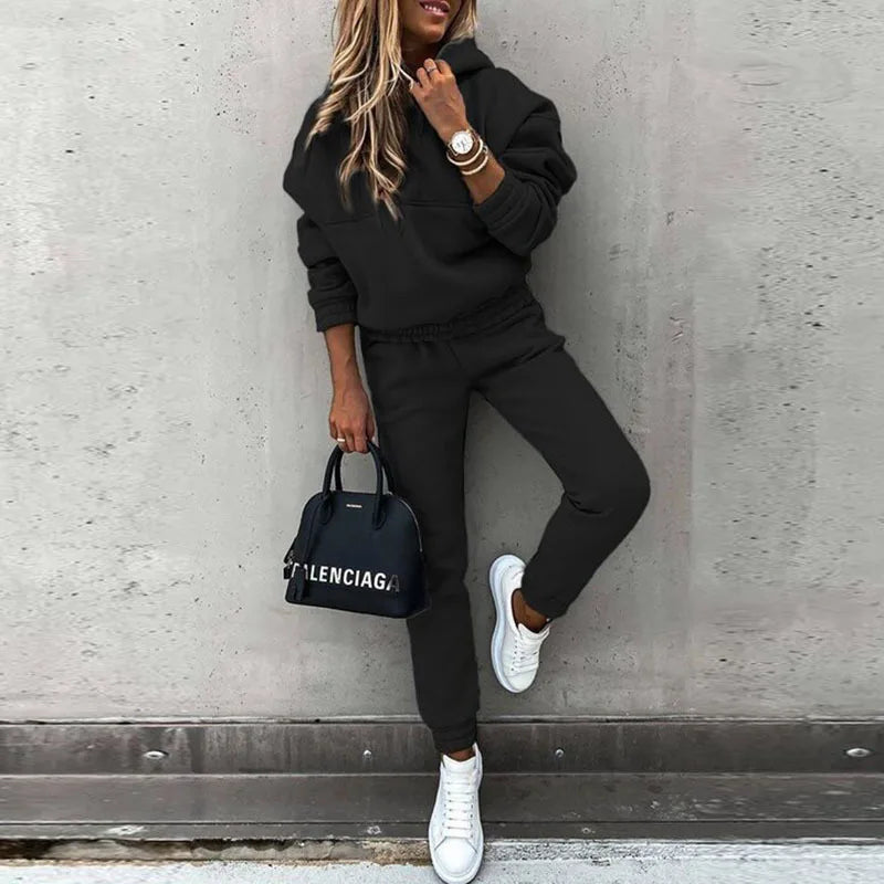 Autumn Winter New Solid Color Long Sleeve Hoodie Women's Casual Suit Fashion Loose Sports Hoodie + Small Foot Pants 2 Piece Set