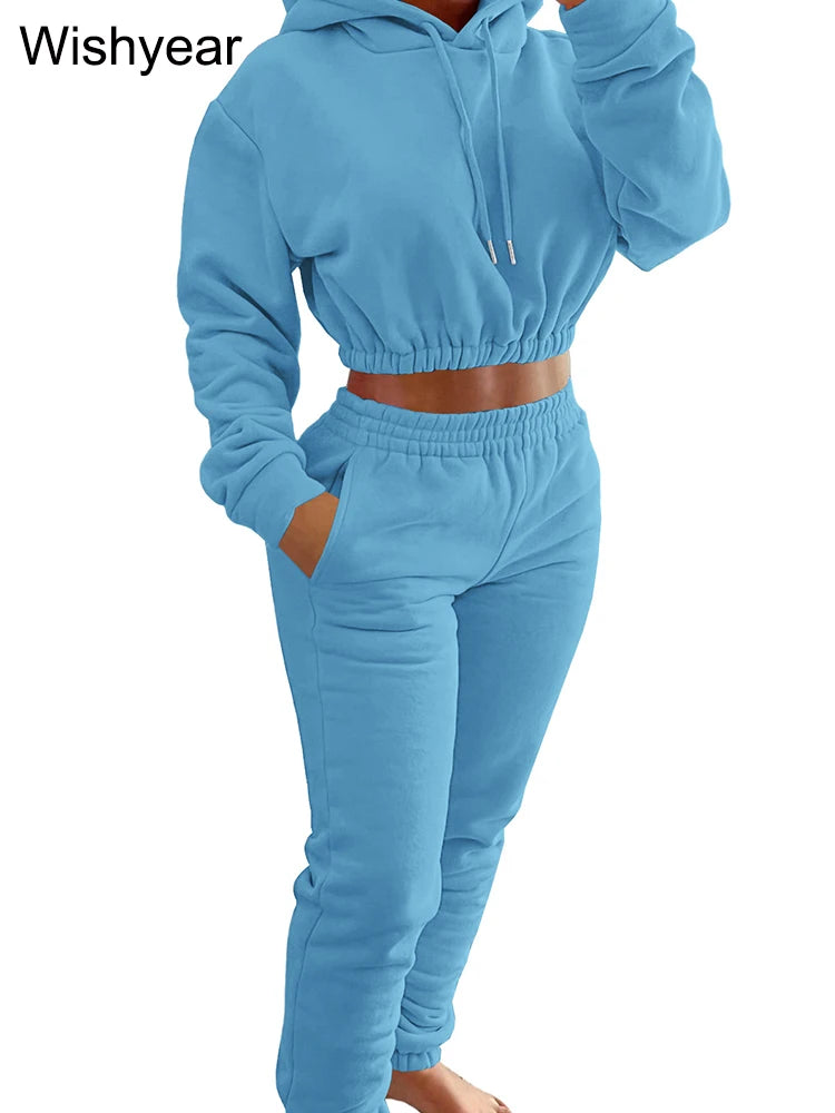 Casual Sports Wear Two Piece Set for Women Velvet Sweatshirt Hoodie Crop Top and Leggings Pants Suit Female WarmWinter Outfits