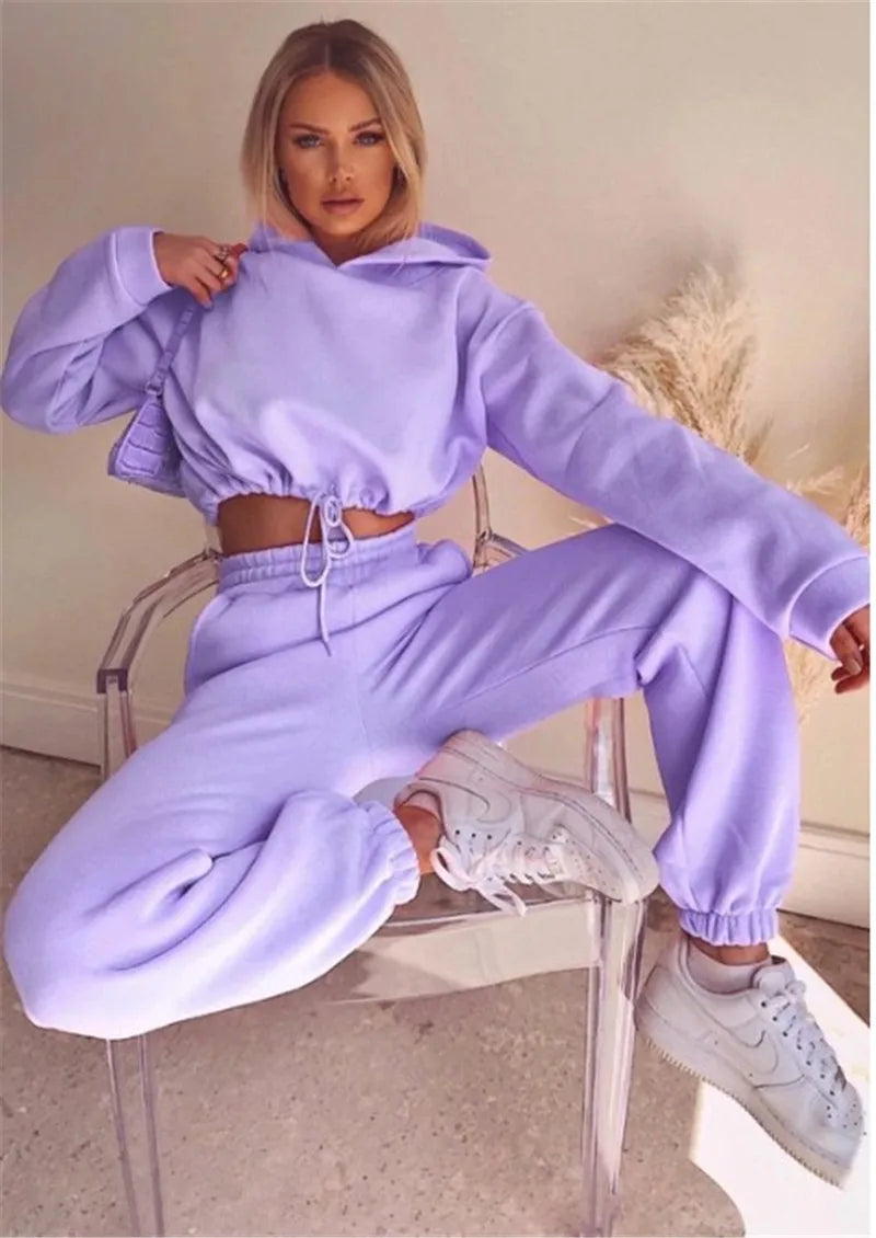 Women Two Piece Pant Sets Coat Hooded Pockets Thick Sweatshirts Suits Splice Elastic Waist Solid Long Pants Straight Casual