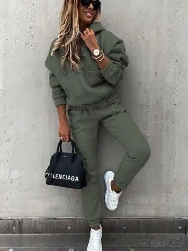 Autumn Winter New Solid Color Long Sleeve Hoodie Women's Casual Suit Fashion Loose Sports Hoodie + Small Foot Pants 2 Piece Set