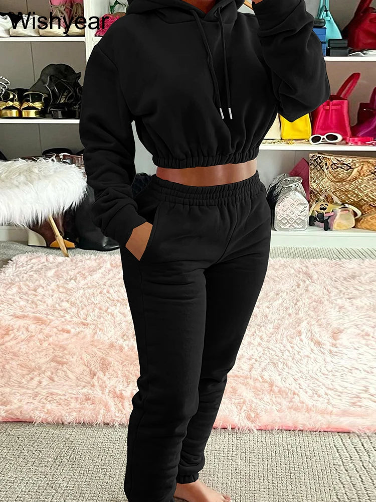 Casual Sports Wear Two Piece Set for Women Velvet Sweatshirt Hoodie Crop Top and Leggings Pants Suit Female WarmWinter Outfits
