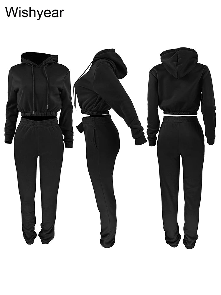 Casual Sports Wear Two Piece Set for Women Velvet Sweatshirt Hoodie Crop Top and Leggings Pants Suit Female WarmWinter Outfits