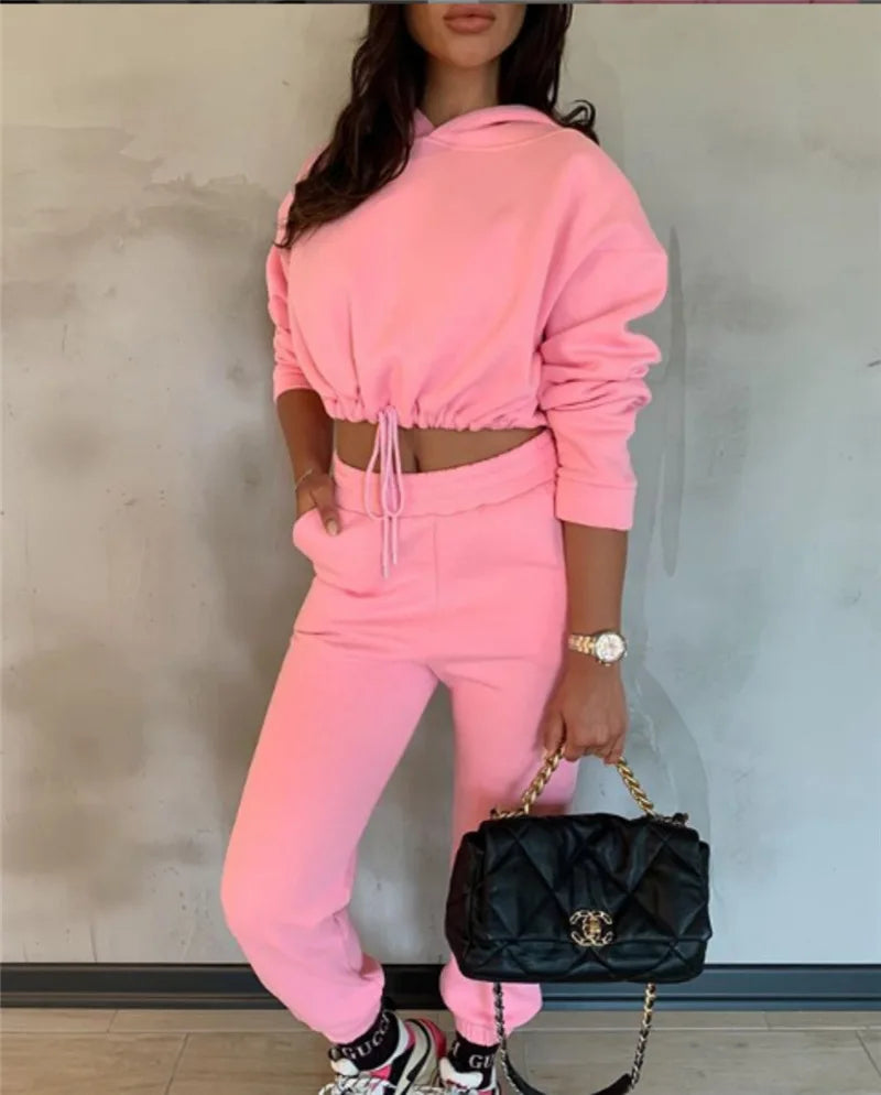 Women Two Piece Pant Sets Coat Hooded Pockets Thick Sweatshirts Suits Splice Elastic Waist Solid Long Pants Straight Casual