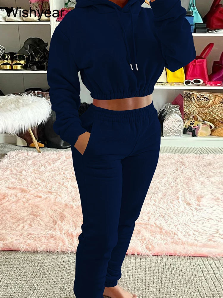 Casual Sports Wear Two Piece Set for Women Velvet Sweatshirt Hoodie Crop Top and Leggings Pants Suit Female WarmWinter Outfits
