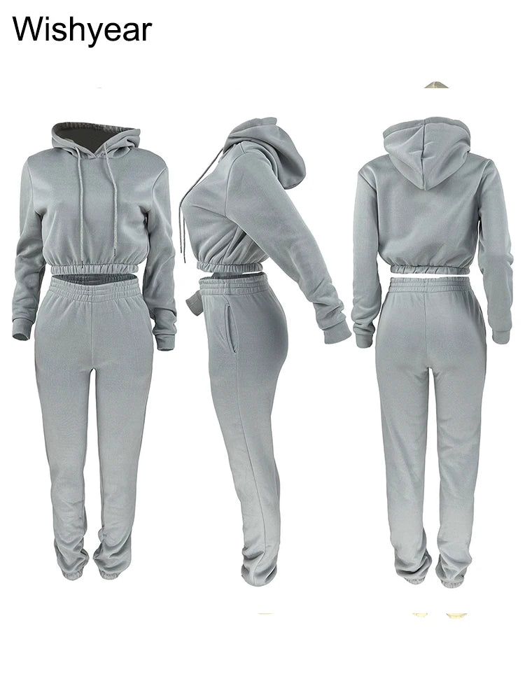 Casual Sports Wear Two Piece Set for Women Velvet Sweatshirt Hoodie Crop Top and Leggings Pants Suit Female WarmWinter Outfits