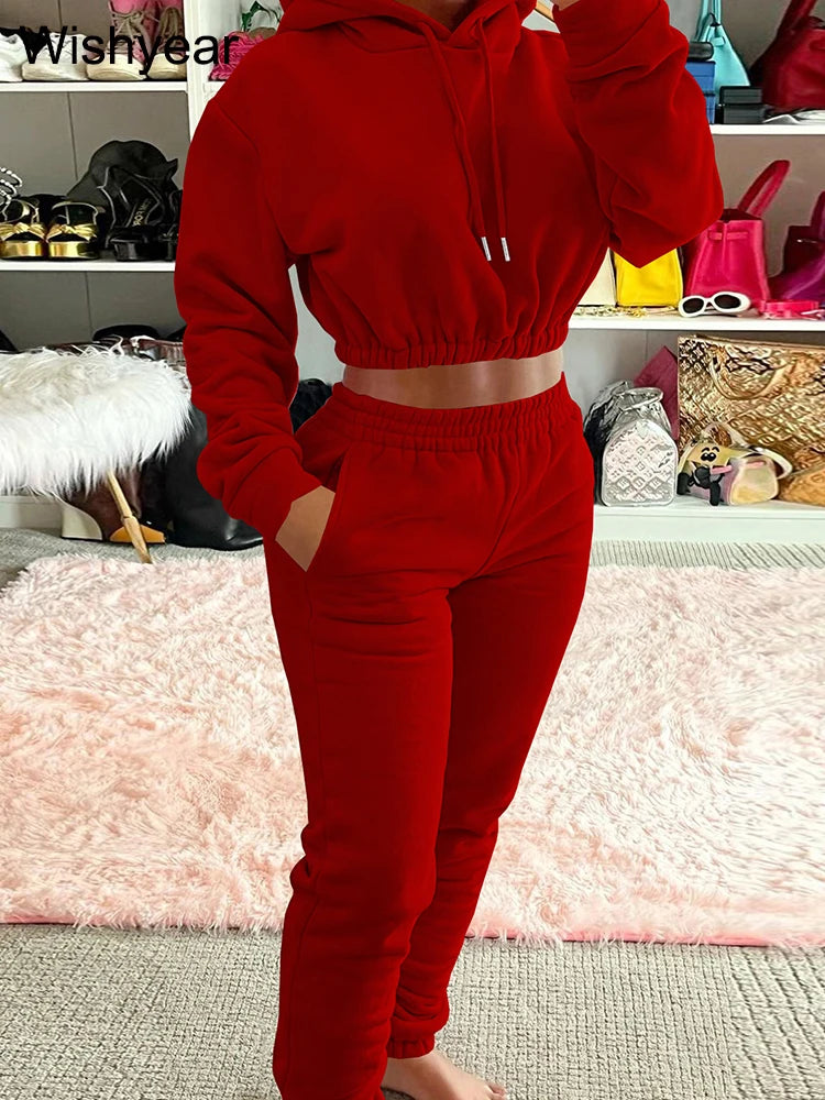 Casual Sports Wear Two Piece Set for Women Velvet Sweatshirt Hoodie Crop Top and Leggings Pants Suit Female WarmWinter Outfits
