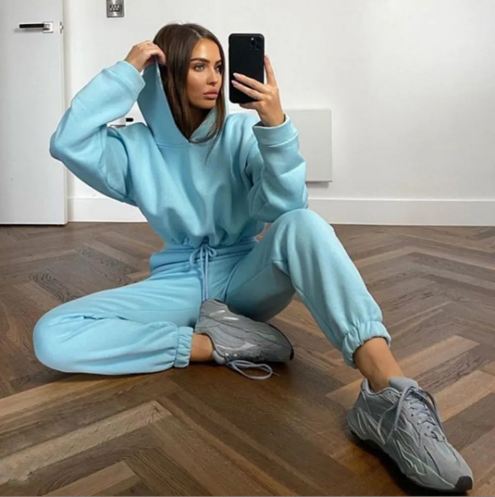 Women Two Piece Pant Sets Coat Hooded Pockets Thick Sweatshirts Suits Splice Elastic Waist Solid Long Pants Straight Casual