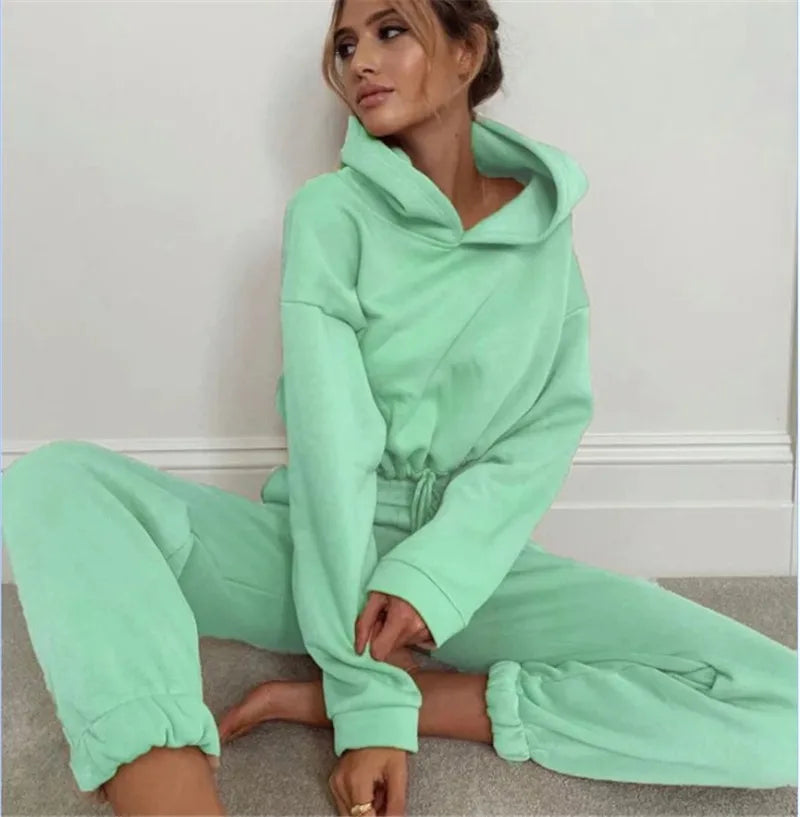 Women Two Piece Pant Sets Coat Hooded Pockets Thick Sweatshirts Suits Splice Elastic Waist Solid Long Pants Straight Casual