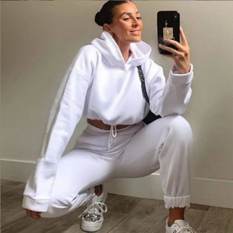 Women Two Piece Pant Sets Coat Hooded Pockets Thick Sweatshirts Suits Splice Elastic Waist Solid Long Pants Straight Casual