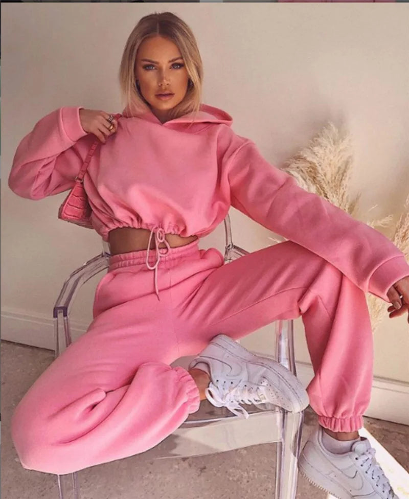 Women Two Piece Pant Sets Coat Hooded Pockets Thick Sweatshirts Suits Splice Elastic Waist Solid Long Pants Straight Casual