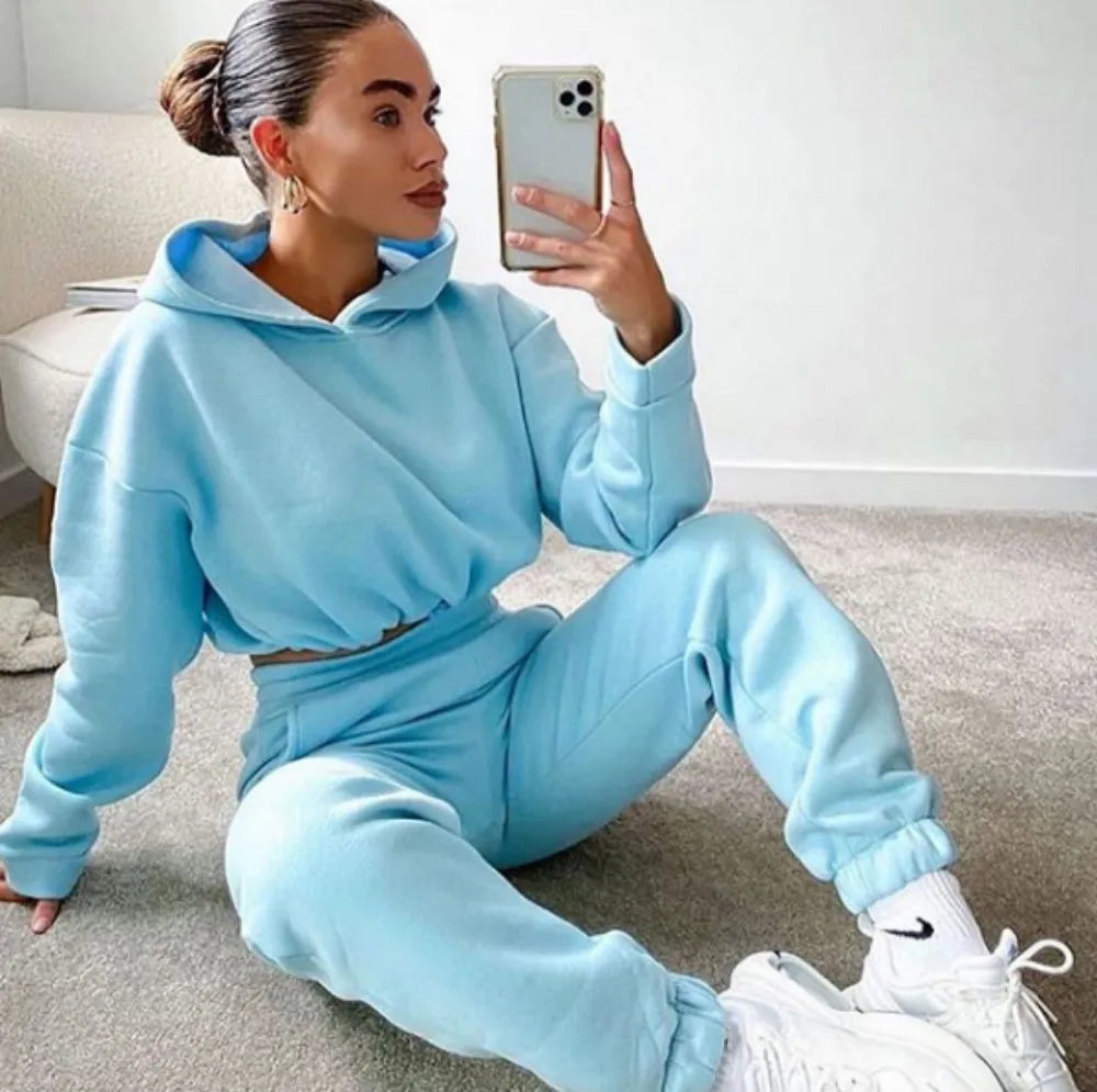 Women Two Piece Pant Sets Coat Hooded Pockets Thick Sweatshirts Suits Splice Elastic Waist Solid Long Pants Straight Casual
