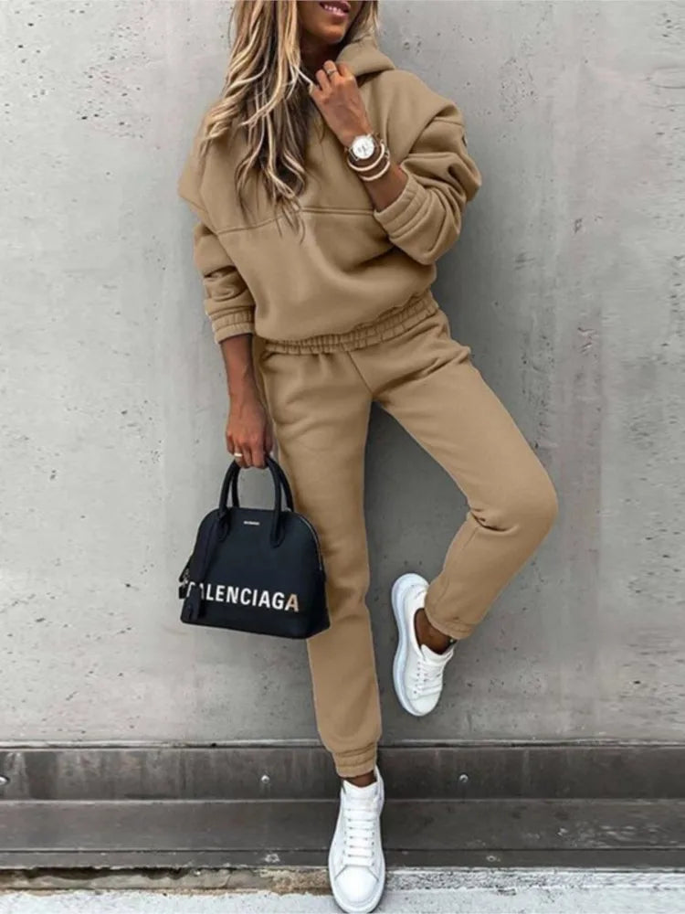 Autumn Winter New Solid Color Long Sleeve Hoodie Women's Casual Suit Fashion Loose Sports Hoodie + Small Foot Pants 2 Piece Set