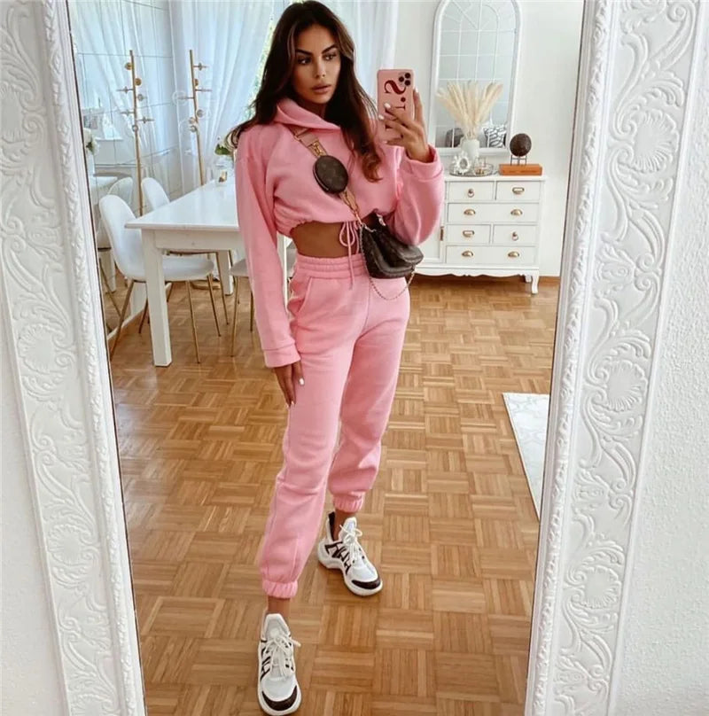 Women Two Piece Pant Sets Coat Hooded Pockets Thick Sweatshirts Suits Splice Elastic Waist Solid Long Pants Straight Casual