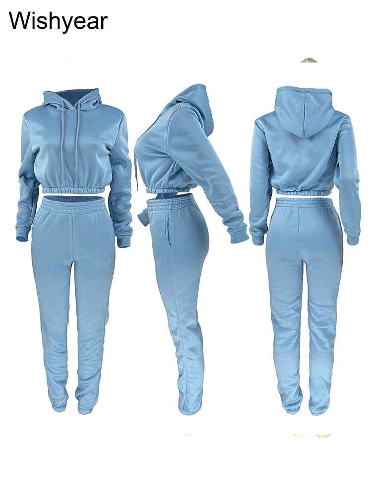 Casual Sports Wear Two Piece Set for Women Velvet Sweatshirt Hoodie Crop Top and Leggings Pants Suit Female WarmWinter Outfits