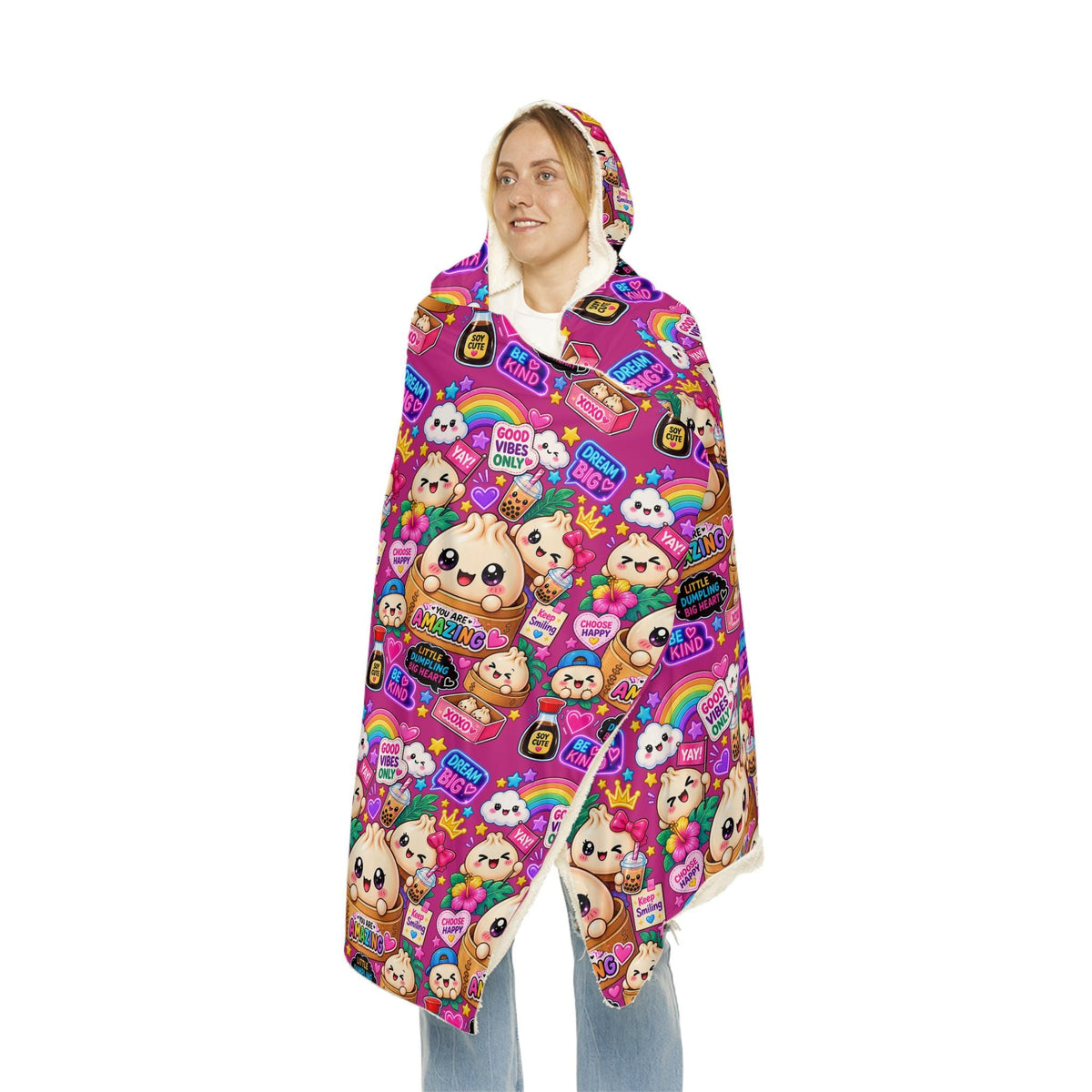 Kawaii Dumpling Print Hooded Blanket: Cozy Polyester Sherpa Lined Wearable Blanket