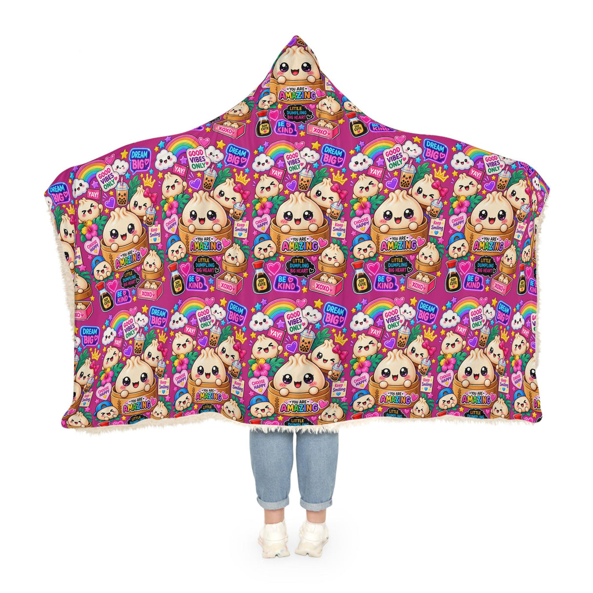 Kawaii Dumpling Print Hooded Blanket: Cozy Polyester Sherpa Lined Wearable Blanket
