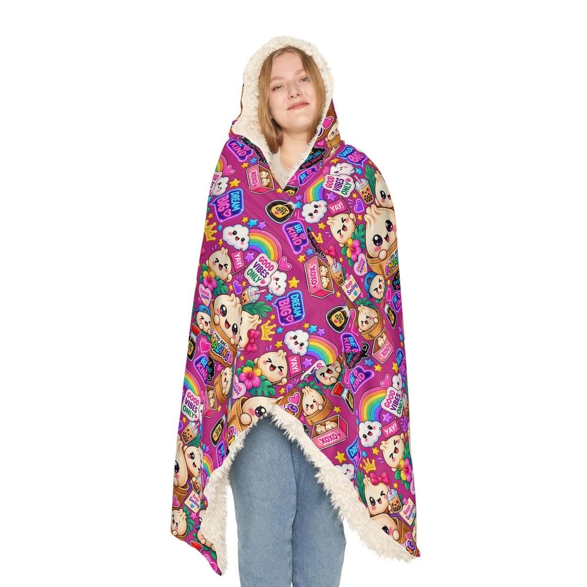 Kawaii Dumpling Print Hooded Blanket: Cozy Polyester Sherpa Lined Wearable Blanket