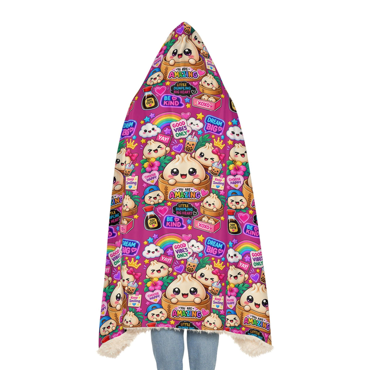 Kawaii Dumpling Print Hooded Blanket: Cozy Polyester Sherpa Lined Wearable Blanket