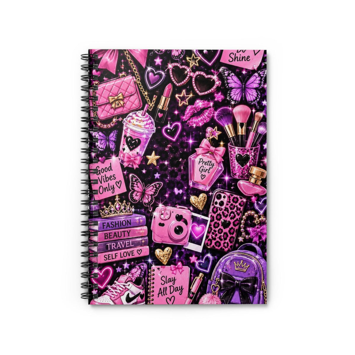 Girly Fashion Notebook: Pink Sparkle Butterfly & Crown Design 6x8"