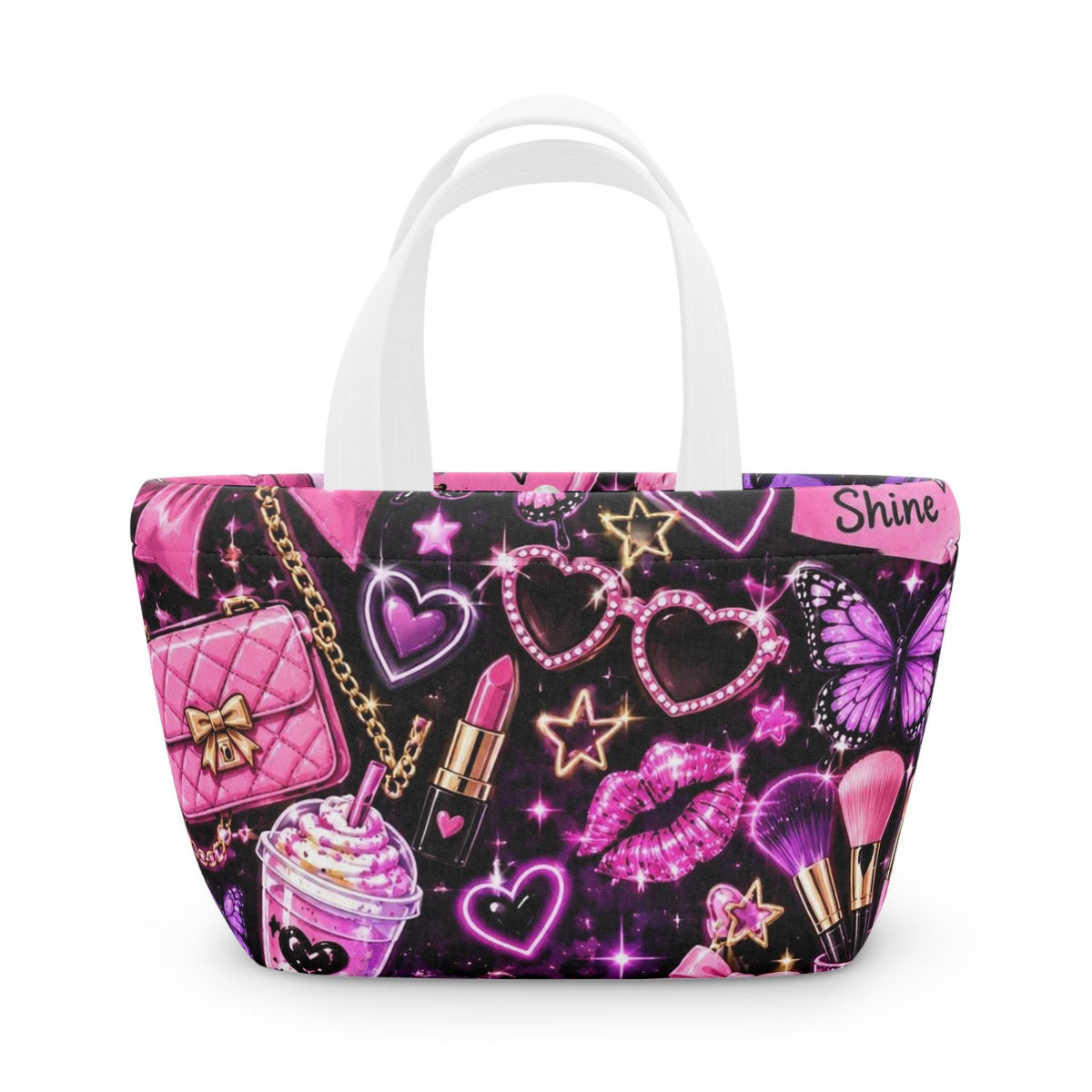 Glam Pink Butterfly Heart Print Tote Bag, Makeup Accessory Shine