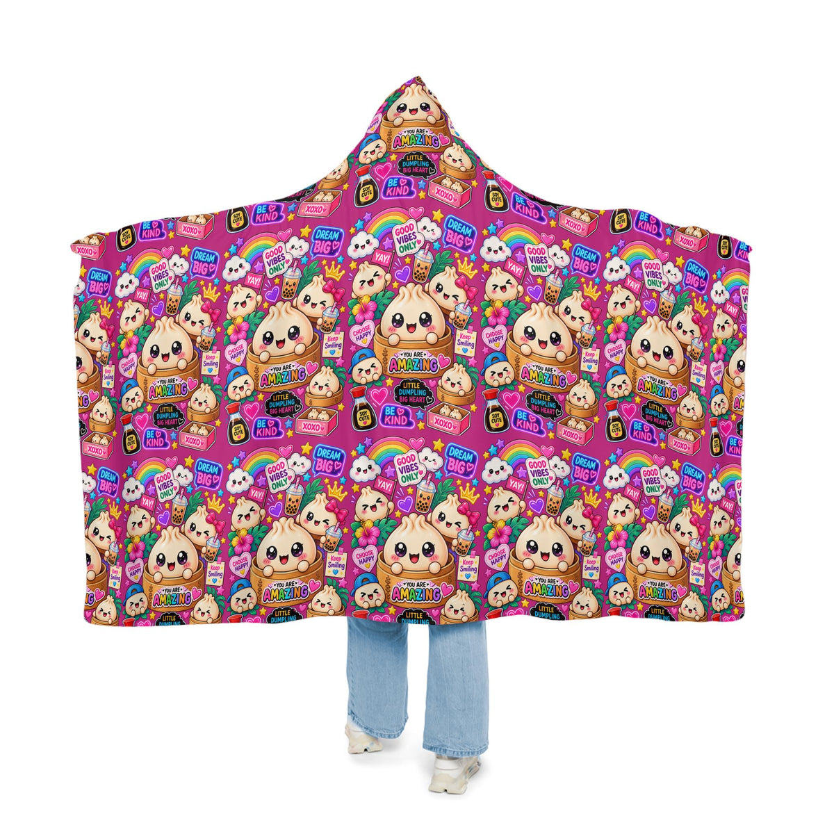 Kawaii Dumpling Print Hooded Blanket: Cozy Polyester Sherpa Lined Wearable Blanket